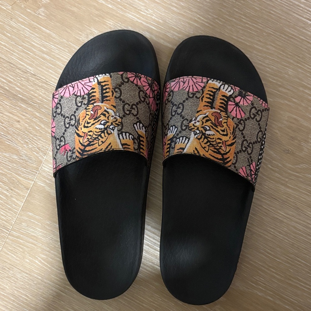 Gucci Black Slides with Tiger and Floral Design